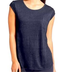 Athleta Navy Blue 100% Linen Newport Pocket Tee Oversized Boxy 438657